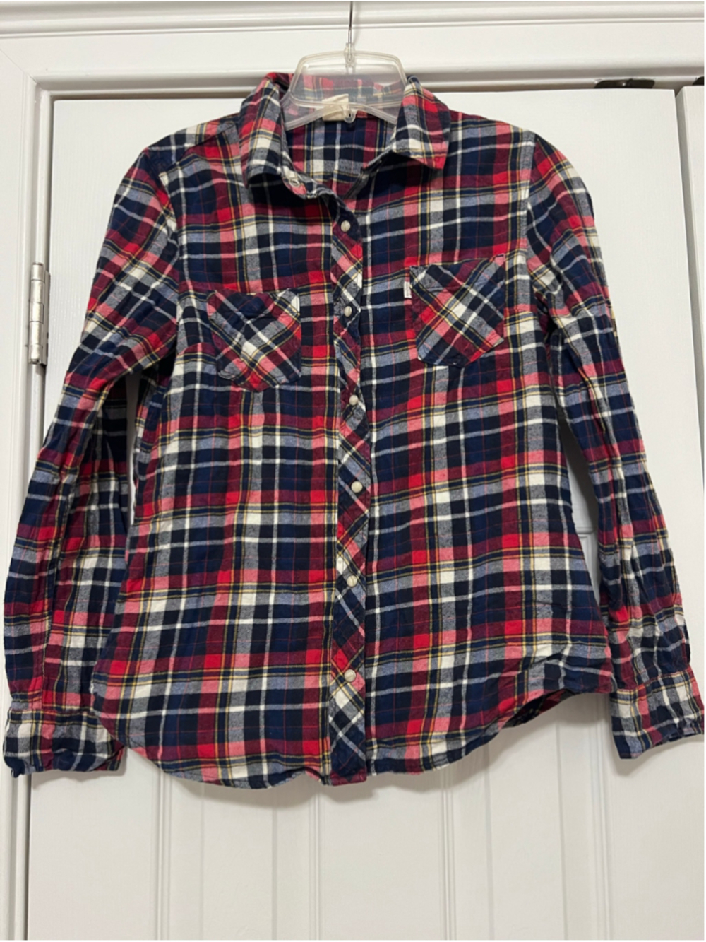 Women's Levi's Plaid Cotton Flannel Button Down Shirt Size S Red Blue